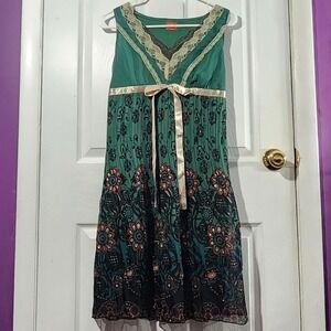 Green Vintage Floral Kawaii Bow Dress